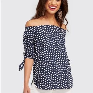 Draper James Navy with White Heart Print Off Shoulder Top - Size Small